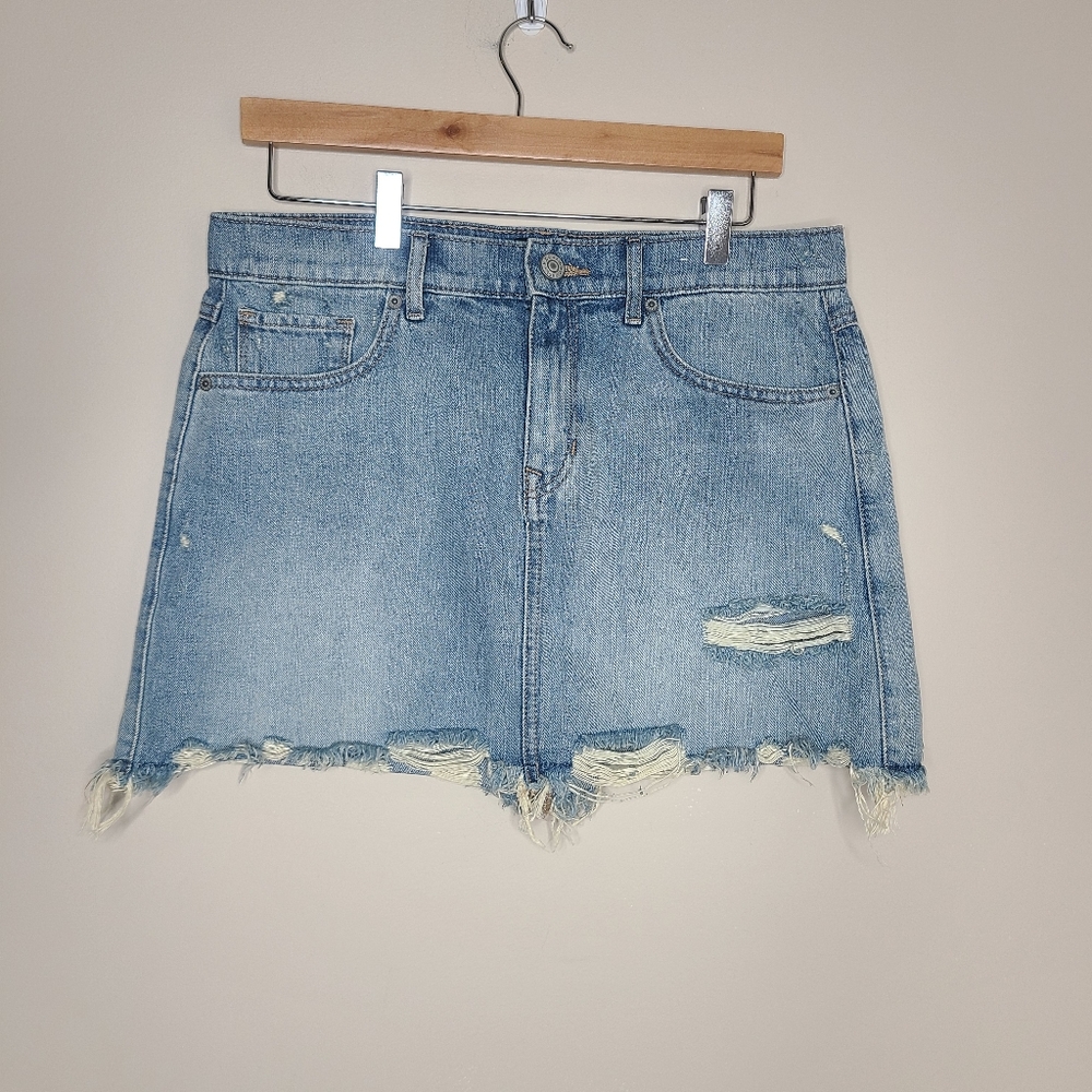 Express Original Straight Mini Mid‎ Rise Distresses Denim Skirt